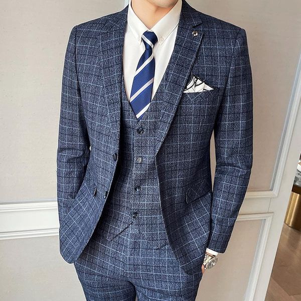 

men's suits & blazers pants vest 3 pcs set / 2021 men's business casual fashion three piece plaid suit jacket coat trousers waistco, White;black