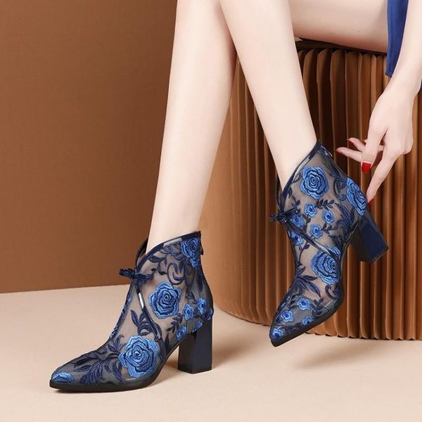 

boots women's mesh floral high heels shoes embroidery flower bowtie ankle summer block heel ethnic breathable real leather, Black