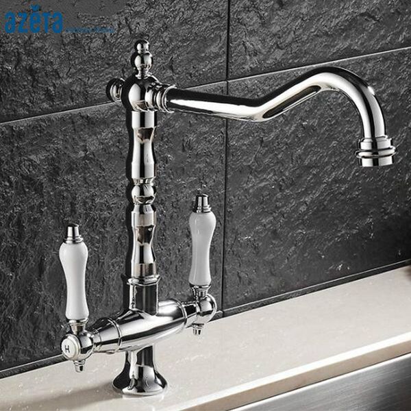 

kitchen faucets azeta modern style 360 degree swivel tap brass chrome double handle deck mounted faucet 9924
