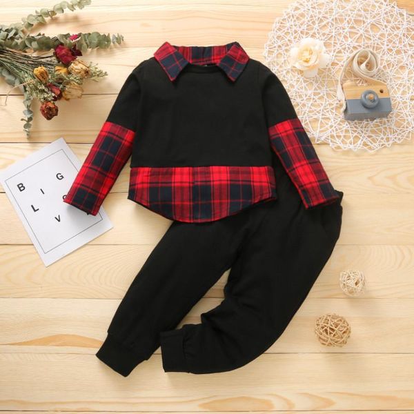 

clothing sets boys leisure clothes set, plaid print long sleeve lapel neck +solid color trousers spring autumn, White