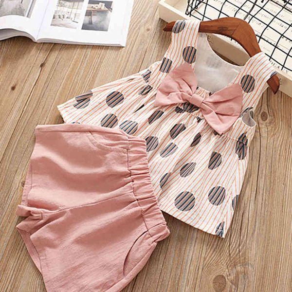 Sommer Grils Kleidung Set Mode Dot Big Bow T-shirt + Shorts Kinder Kleidung Kinder 2 stücke 210515