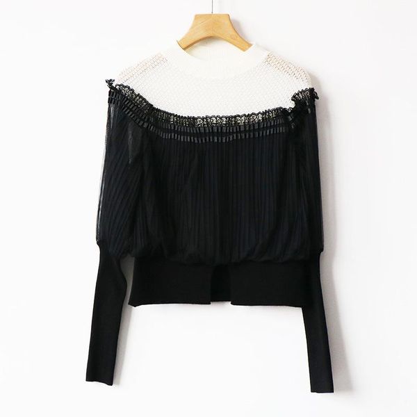 

women's blouses & shirts autumn winter black white knitted lantern sleeve chiffon pleated folded shirt women pullover patchwork