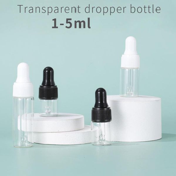 Leere Tropfflaschen aus Glas, 1 ml, 2 ml, 3 ml, 5 ml, durchsichtige Fläschchen mit kosmetischen flüssigen Ölen und schwarz-weißer Kappe
