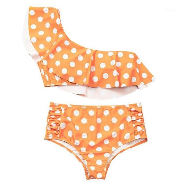 

dots print one-shoulder ruffle women's bikini sets 2021 mujer ruched high waist swimsuit female push up padded swimwear, White;black