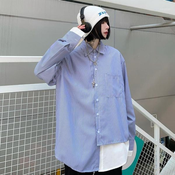 

women's blouses & shirts two piece false for women 2021 fashion trends loose clothing ladies asymmetric striped button and streetwear, White