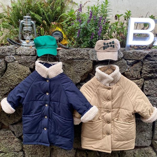 

down coat autumn and winter children clothing fake lamb hair long cotton-padded jacket plus velvet thick warm cotton, Blue;gray