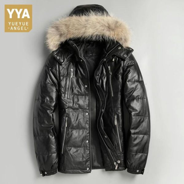 

men's leather & faux mens winter sheepskin down jacket fur collar hoody warm business man casual outerwear overcoat bikers genuine, Black