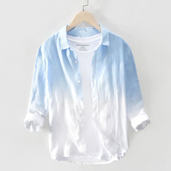 

lapel fresh gradient men's casual linen long sleeve shirt handsome 734, White;black