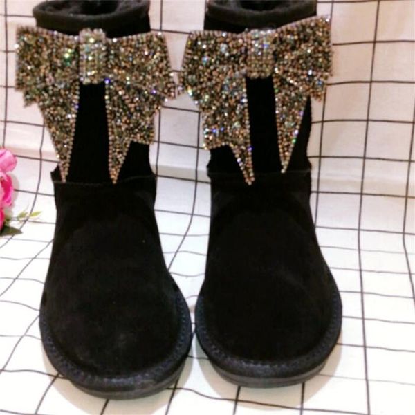 

boots bowknot rhinestone shiny leather cowhide snow thick cotton children's shoes large size classic tube, Black