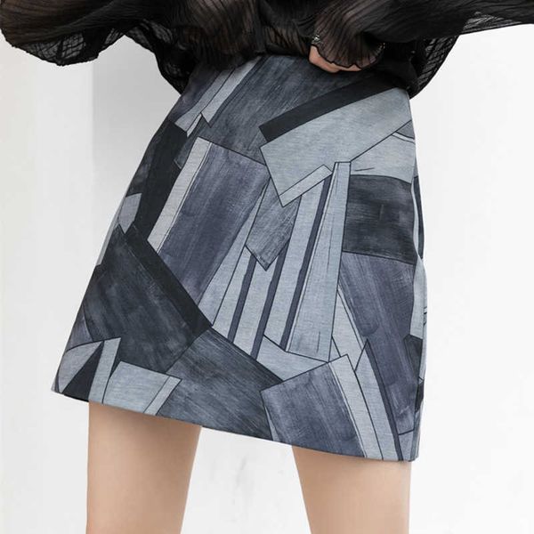 

autumn elegant vintage graffiti ladies skirt slim slit brand oil painting irregular printing skirt d 210601, Black