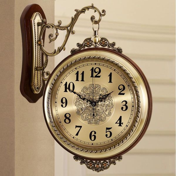 

european vintage wall clocks big living room creative roman metal double sided silent wood american gold decorative w6c