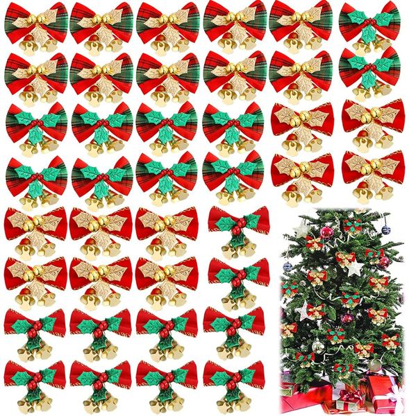 Weihnachtsbaumschmuck für den Innenbereich, Schleifen-Dekoration mit Glocken, Geschenkbox, Kränze, Ornamente in 2 Farben, HB2014