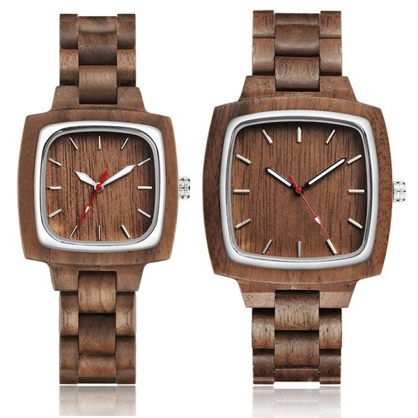 

wooden couple watch men women lover gift wrist watches male female brown walnut wood square dial quartz wristwatch reloj clock wristwatches, Slivery;brown