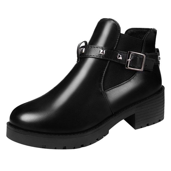 

boots women ankle 2121 autumn female casual shoes woman fashion platform round toe belt buckle rivet solid comfortable, Black