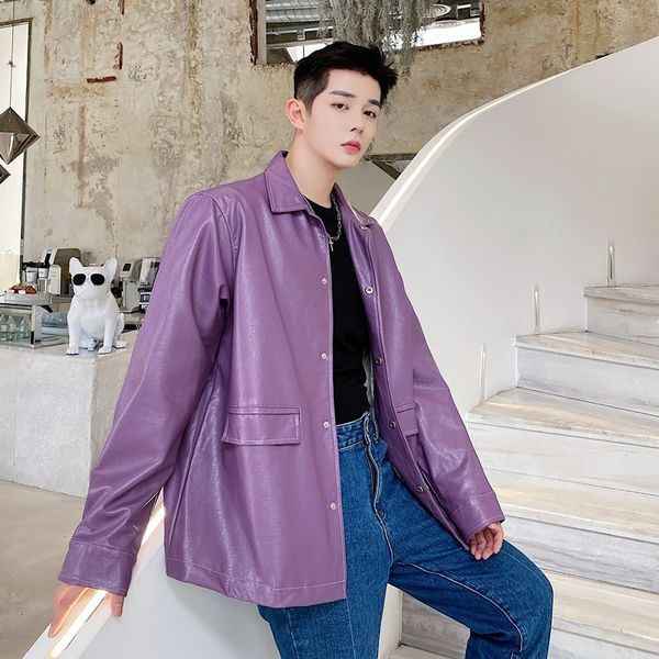 

men's jackets men spring autumn purple leather jacket male streetwear vintage loose casual pu coat outerwear j5e6, Black;brown