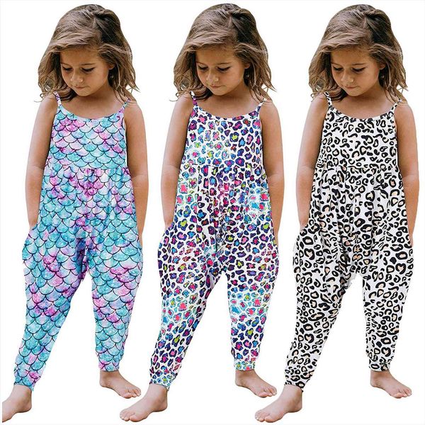 

2 6y toddler girls baby kids jumpsuit one piece leopard print summer loose sleeveless strap pocket romper outfits, Blue