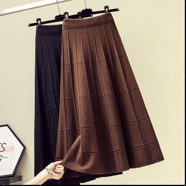 

womens skirt women autumn fashion plus size warm knitted skirts female elastic high waist midi long ladies a line loose, Black