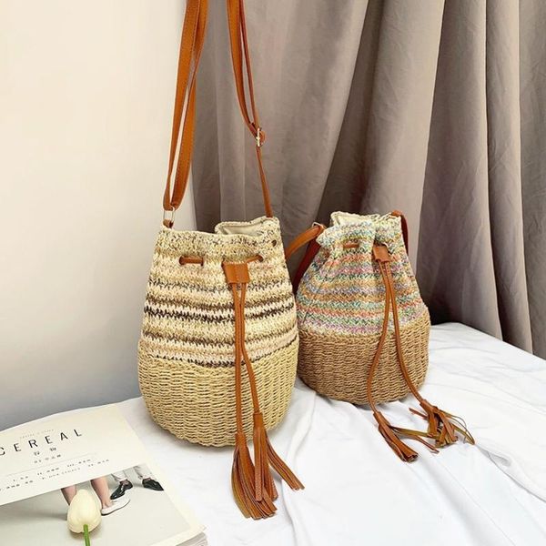 

evening bags 2021 summer fashion design stitching stripes straw shoulder bucket bag casual large capacity crossbody handbag