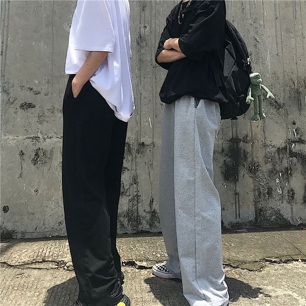 

men pants full length wide-leg harajuku plus size novelty mens vintage korean streetwear trousers high waist all match simple, Black