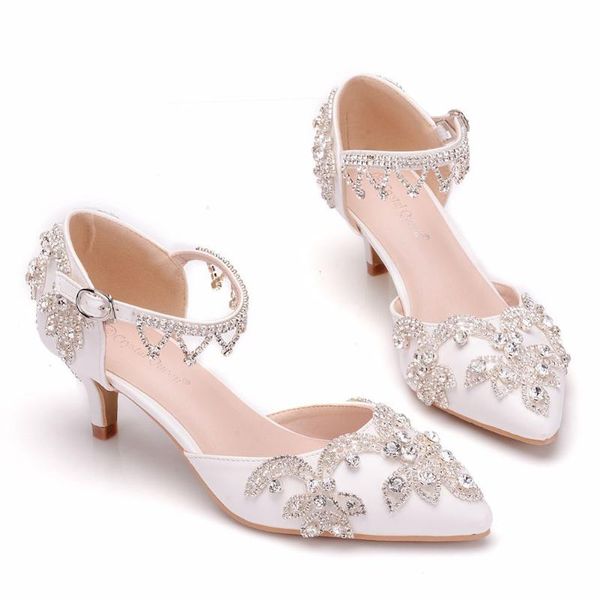 

5cm white rhinestone thin heel pointed tassel sandals low large size women's foreign trade crystal wedding shoes dress, Black