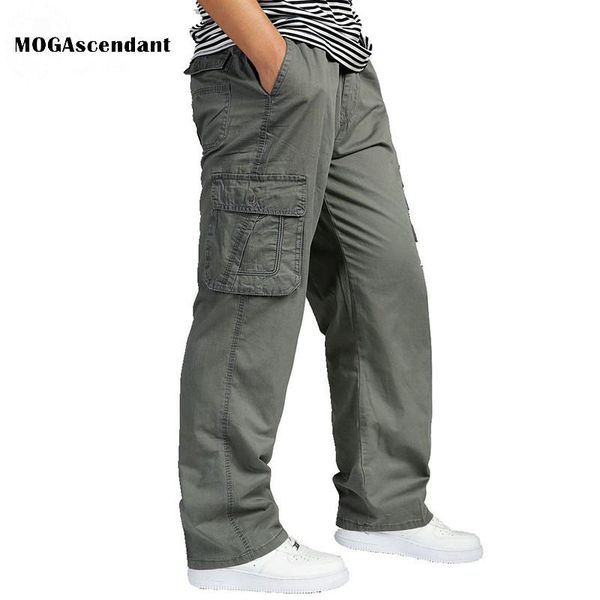 

men's pants casual lrousers cotton overalls elastic waist full len multi-pocket plus fertilizer male loose cargo size xl, Black