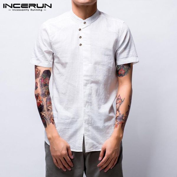 

cotton shirt men stand collar solid 2021 vintage short sleeve button brand camisa breathable casual shirts summer, White;black