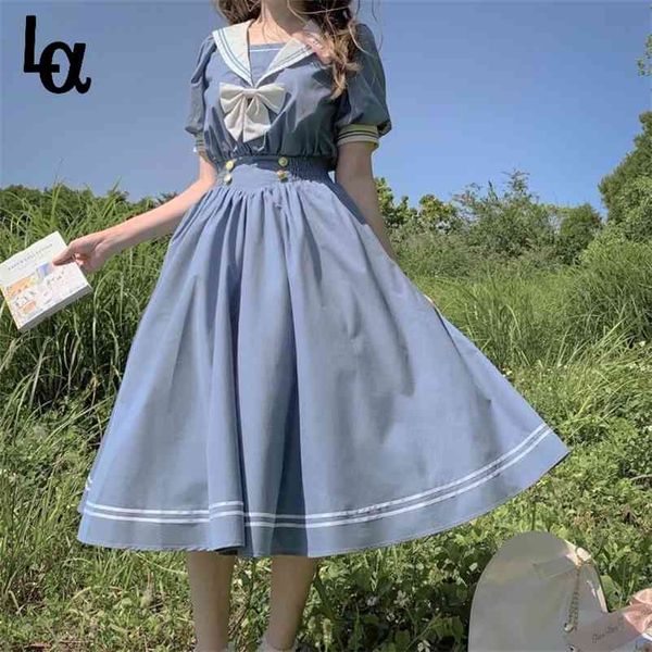 

harajuku sailor collar navy dress japanese lolita sweet bow-knot girl retro cotton kawaii preppy style long sleeve 210519, Black;gray