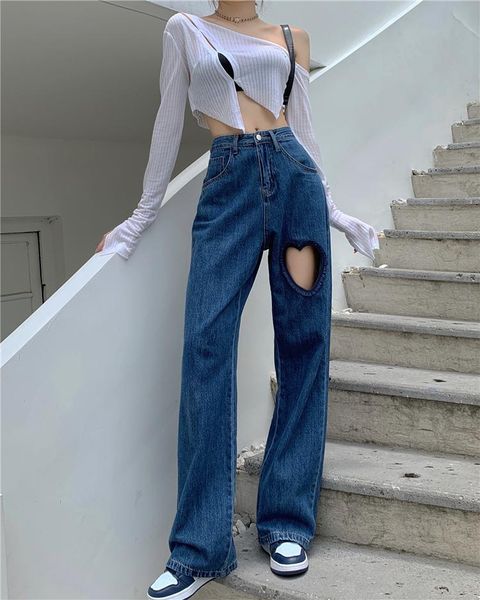 

women's jeans autumn harajuku style love heart hole wide-leg pants women, Blue