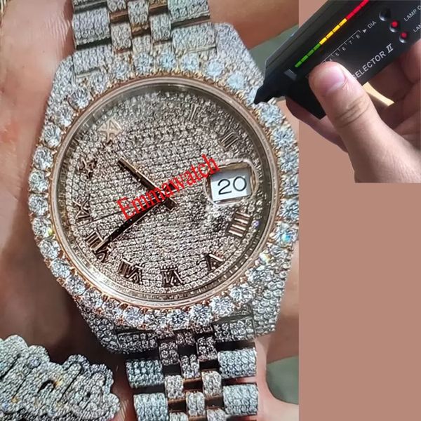 

shine moissanite diamonds watch can pass the test men luxury silver case green dial full iced out watches sliver wristwatches with box and p, Slivery;brown