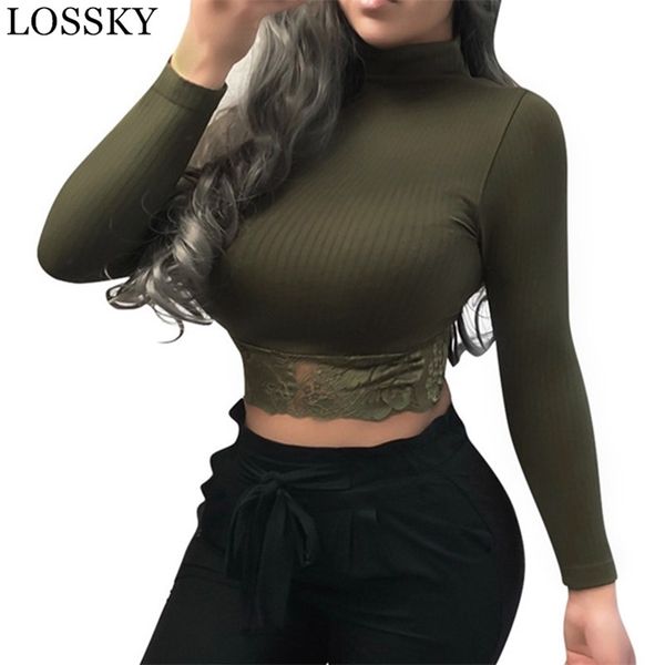 Herbst Winter Solide Crop Top Sexy Spitze Patchwork Rollkragen Langarm Bodycon Club Party Frauen T-shirt Weiß Schwarz T 210507