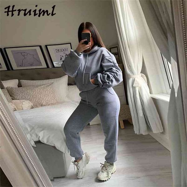 

hooded sweatshirt&woman pants casual drawstring outfits for women matching sets elastic waist fashion pocket deportivas mujer 210513, White