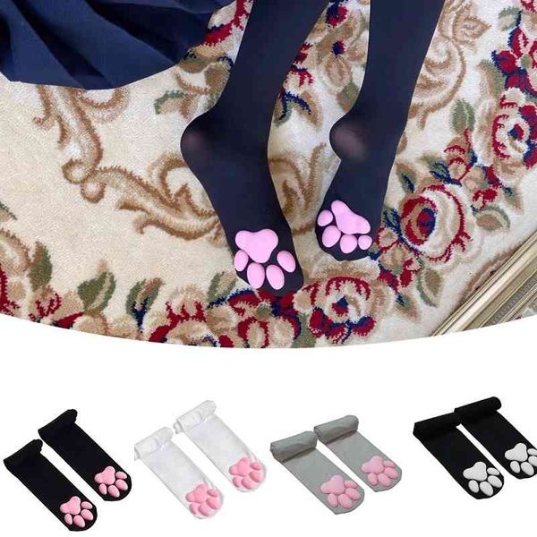 

cat paw pad sock,pink cute lolita thigh high socks for girls kids women cosplay 3d kitten claw stockings, Black