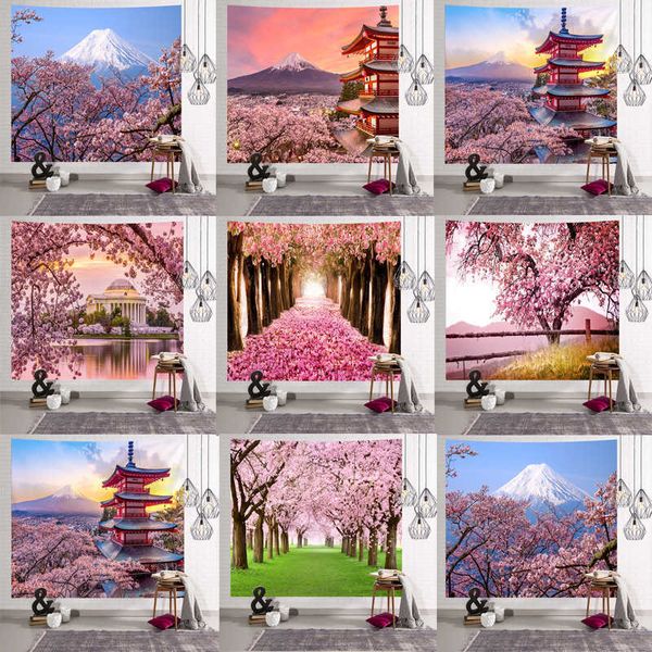 Mandala Indian Tapestry Wall Hanging Romantic Cherry Blossoms Misty Mountain Bohemian Yoga Mat Home Bedroom Art Carpet 210609