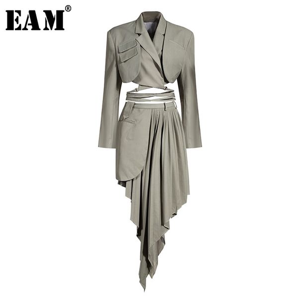 

[eam] half-body skirt gray pleated irregular two pieces suit lapel long sleeve loose women fashion spring autumn 1x728 211106, White