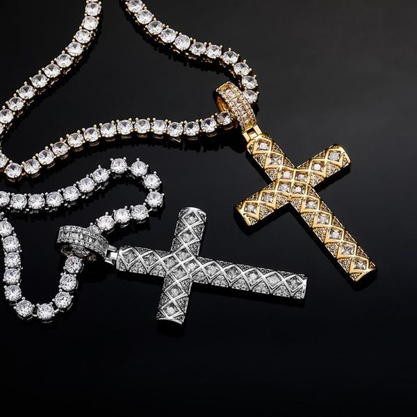 

pendant necklaces hip hop baguette cross iced out bling cz jewelry with 4mm tennis chain, Silver