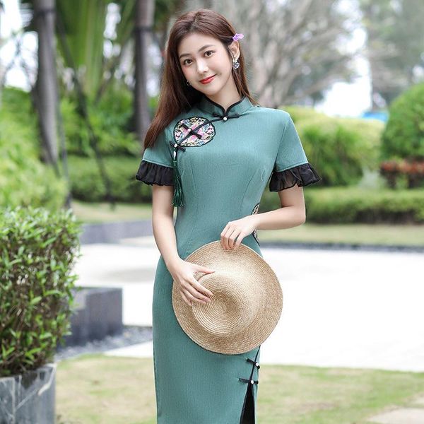 

ethnic clothing autumn lace lotus sleeve embroidery knee-length satin cheongsam elegant traditional chinese women mandarin collar qipao, Red