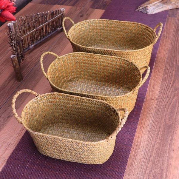 

handmade woven storage rattan straw wicker seagrass basket for kitchen fruit bread loaf sundries container organizer case baskets