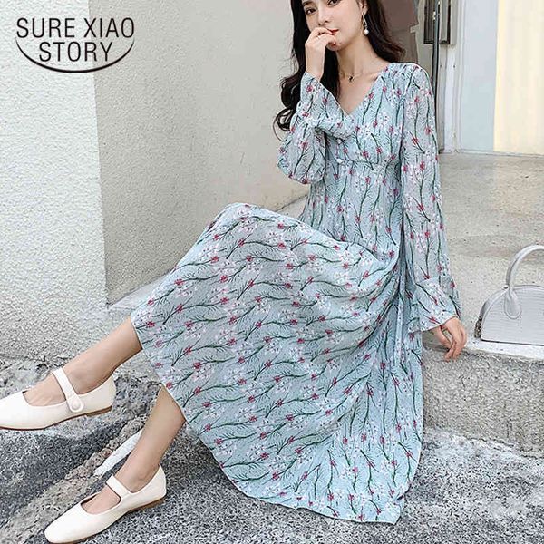 

slim floral autumn v-collar mid-calf chiffon dresses flare sleeve a-line beading casual lady dress 7147 50 210417, Black;gray