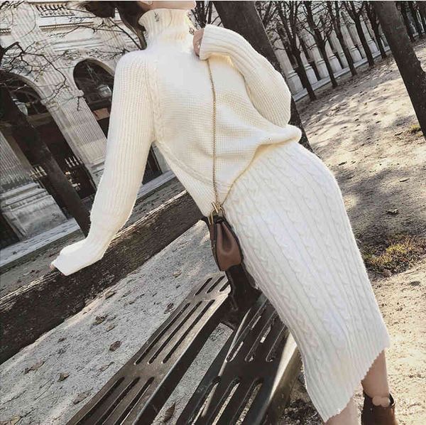 

two piece dress soft warm knitted 2 pieces set women full sleeve turtleneck sweater pullovers & twisted pencil skirt female o5u4, White