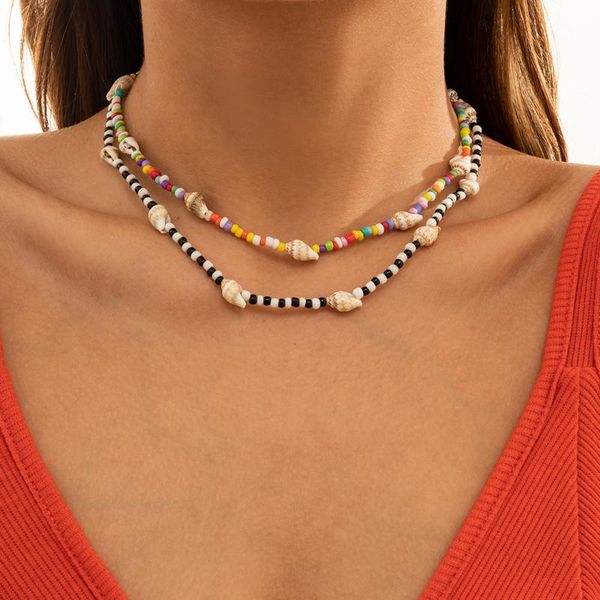 

chains ingesight.z natural seashell cowrie conch short choker necklaces for women rainbow colorful seed beaded collar jewelry, Silver