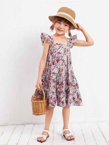 

toddler girls allover floral ruffle sleeve smock dress she, Red;yellow