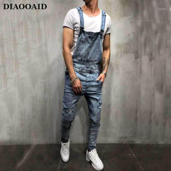 

style men's ripped jeans jumpsuits hi street distressed denim bib overalls for man suspender pants, Blue