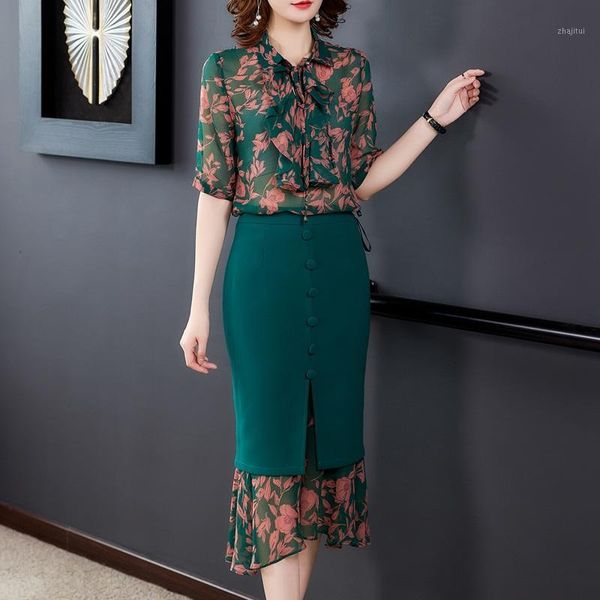 

plus size 3xl green 2 pieces set women half sleeve blouse and pencil skirt casual office lady skirts suit female fashion clothes two piece d, White