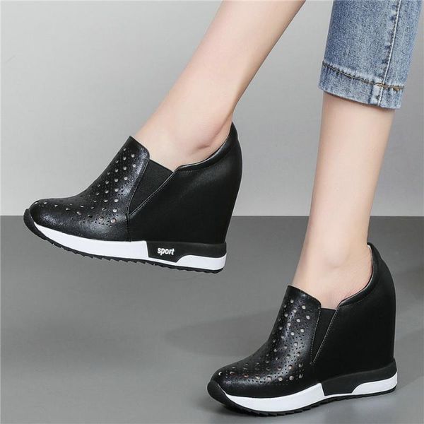 

boots summer punk creepers women hollow genuine leather wedges high heel ankle female round toe fashion sneakers casual shoes, Black