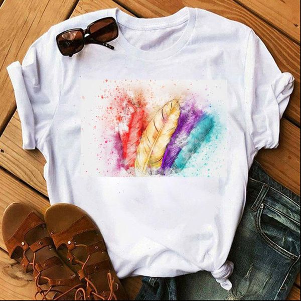 

harajuku watercolor feather print tee women cute summer short sleeve, White