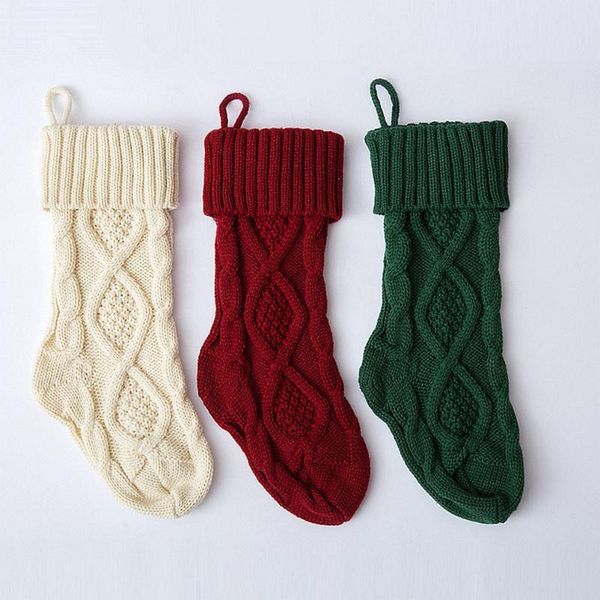 

christmas decorations 3pcs 37cm knitted stockings rustic decorative gift candy bag(purplish-red, green, white)