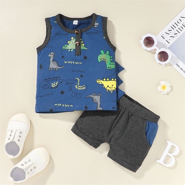 Sommer Kinder Sets Casual Kurzarm O Hals Druck Cartoon Dinosaurier Tops Grau Shorts 2 stücke Mädchen Jungen Kleidung Set 0-2T 210629