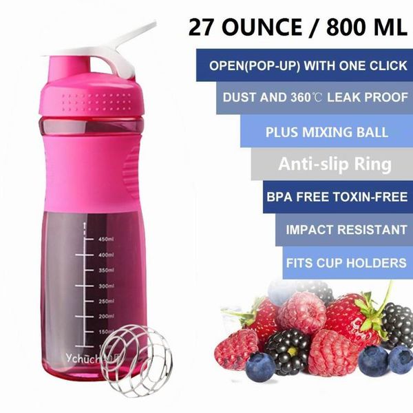 

water bottle 800ml sports protein mixer shaker leakproof loop with ball