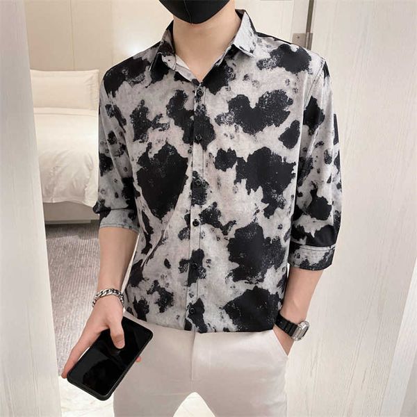 

summer tie dye shirts for men half sleeve streetwear social shirt male casual slim fit party blouse clothing chemise homme 210527, White;black