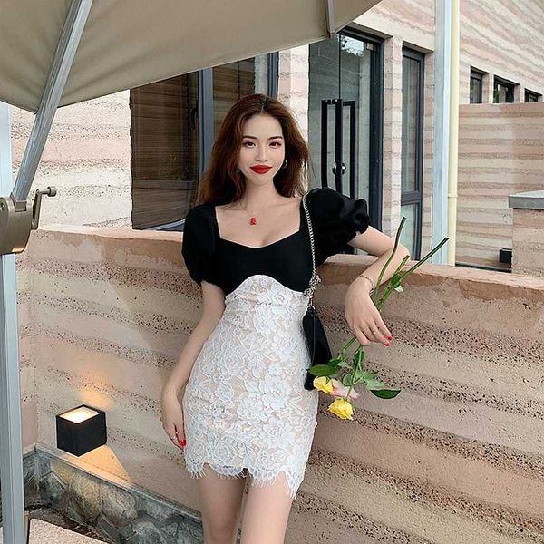 

strapless puff sleeve french temperament lace dress word shoulder office lady lace polyester patchwork 210603, Black;gray
